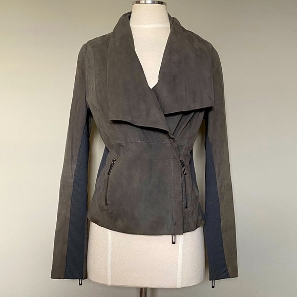 Vince Jacket Drape Collar Paper Weight Suede Biker Jacket in Grey, Medium - Picture 2 of 16